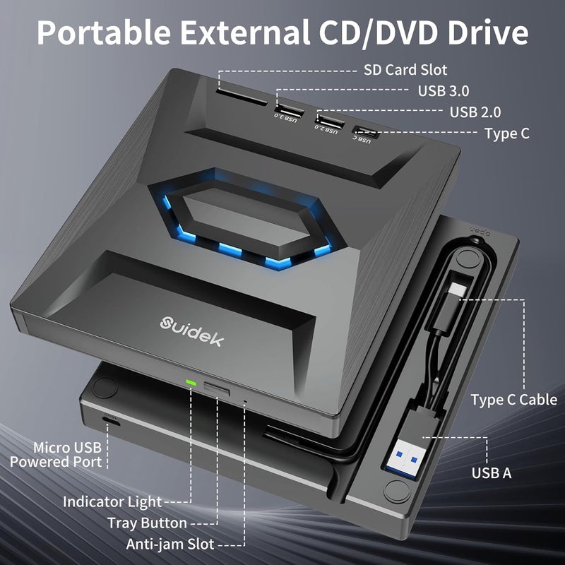 SUIDEK External CD DVD Drive for Laptop, USB C Portable CD/DVD +/-RW Burner DVD Player with SD Card Reader USB 3.0 Type C Hub Compatible with Laptop PC Windows Linux - Image 2
